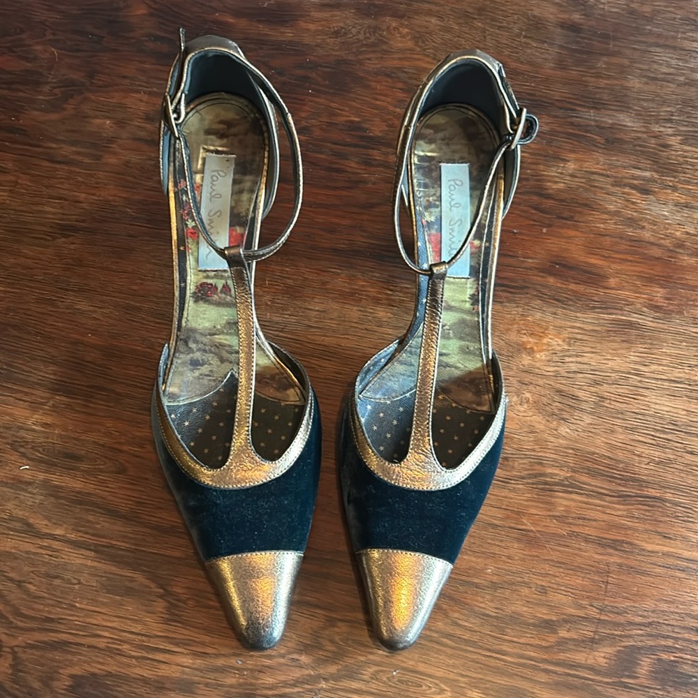 Paul Smith bronze leather and green velvet heels 7.5